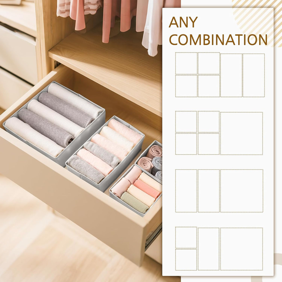 Drawer Organizer for Clothes, Foldable Dresser Dividers with 3 Sizes, Fabric Storage Bins – Beige