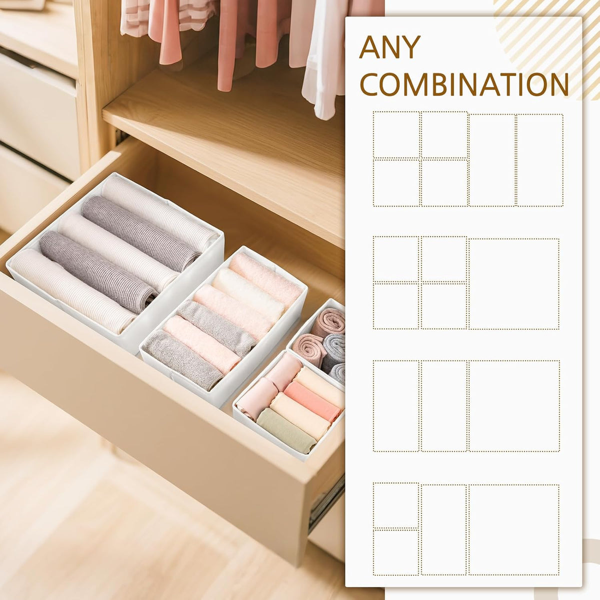 Drawer Organizer for Clothes, Foldable Dresser Dividers with 3 Sizes, Fabric Storage Bins – Beige