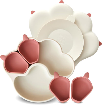 MEOW Dry Rose Divided Silicone Toddler Suction Plates Non-Slip Silicon Plate for Baby Led Weaning Supplies BPA Free Travel Non-Toxic Kids Tray with Suction