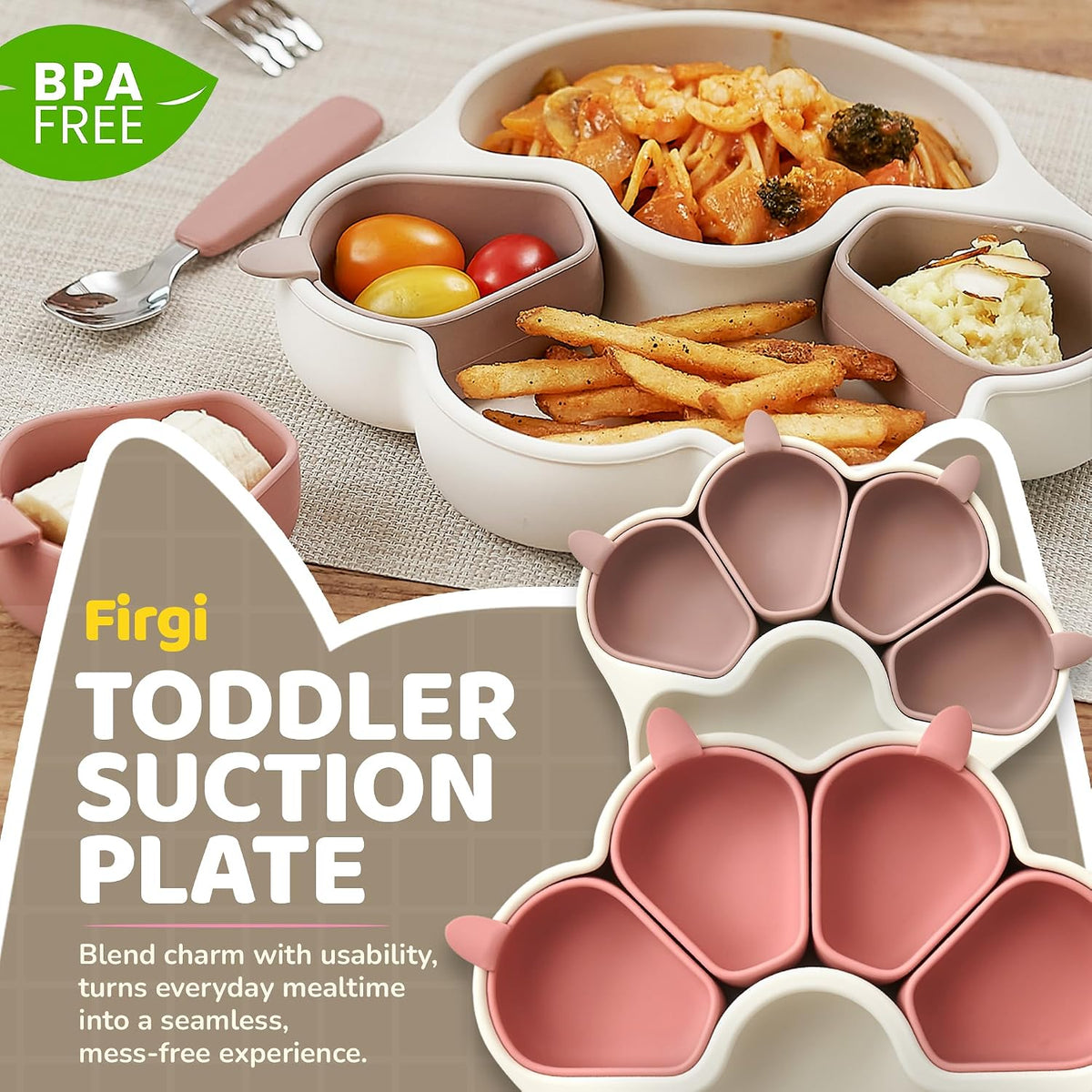 MEOW Dry Rose Divided Silicone Toddler Suction Plates Non-Slip Silicon Plate for Baby Led Weaning Supplies BPA Free Travel Non-Toxic Kids Tray with Suction