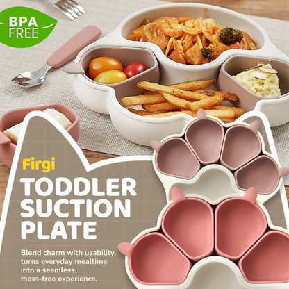 MEOW Dry Rose Divided Silicone Toddler Suction Plates Non-Slip Silicon Plate for Baby Led Weaning Supplies BPA Free Travel Non-Toxic Kids Tray with Suction