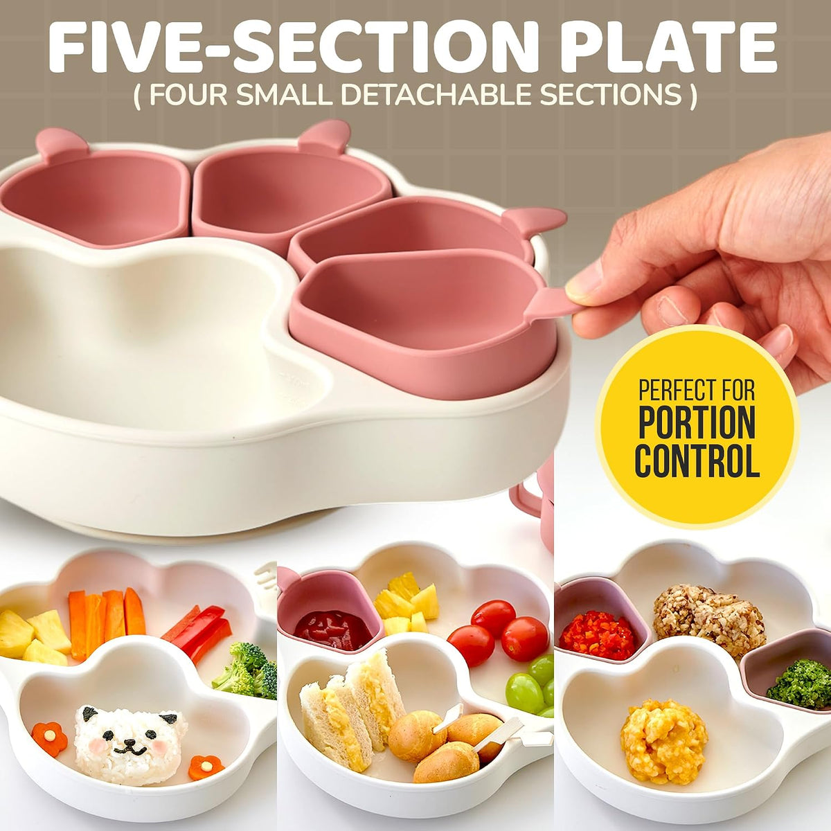 MEOW Dry Rose Divided Silicone Toddler Suction Plates Non-Slip Silicon Plate for Baby Led Weaning Supplies BPA Free Travel Non-Toxic Kids Tray with Suction