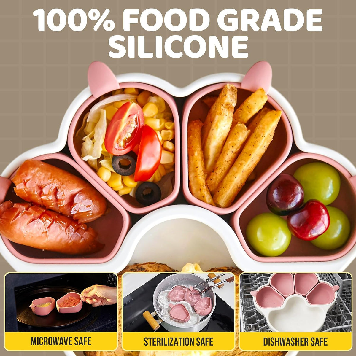 MEOW Dry Rose Divided Silicone Toddler Suction Plates Non-Slip Silicon Plate for Baby Led Weaning Supplies BPA Free Travel Non-Toxic Kids Tray with Suction