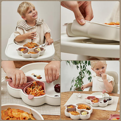 MEOW Dry Rose Divided Silicone Toddler Suction Plates Non-Slip Silicon Plate for Baby Led Weaning Supplies BPA Free Travel Non-Toxic Kids Tray with Suction
