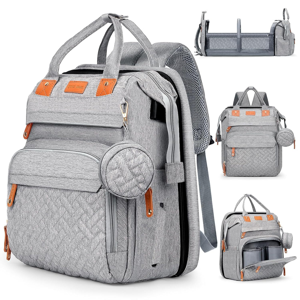JOYCE Diaper Bag Backpack with Changing Station,Grey