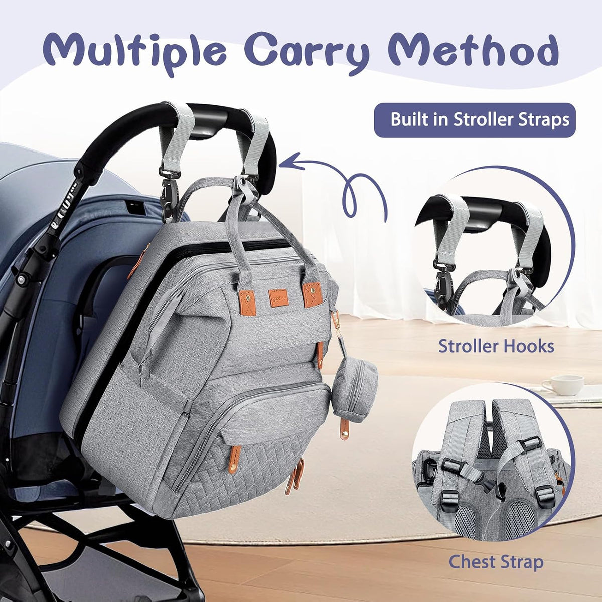 JOYCE Diaper Bag Backpack with Changing Station,Grey