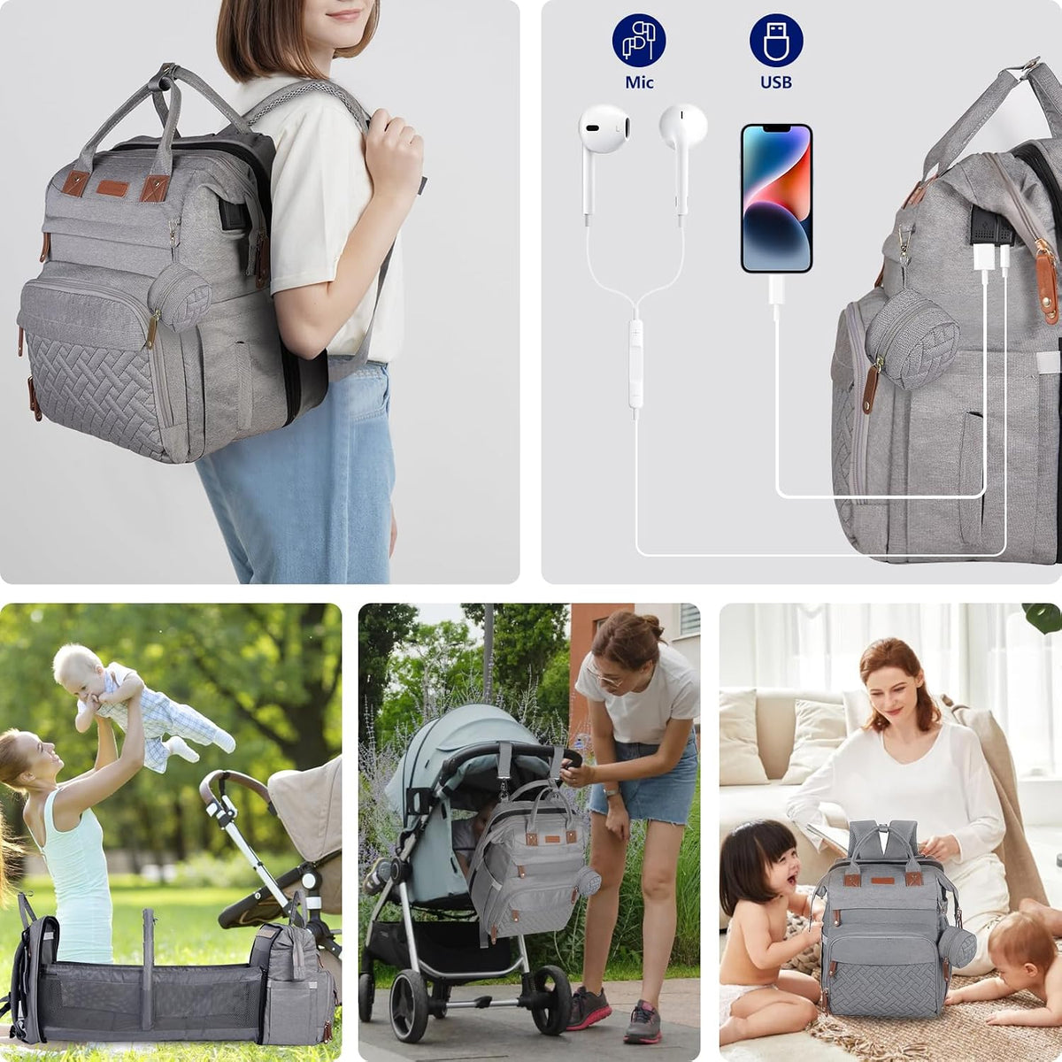 JOYCE Diaper Bag Backpack with Changing Station,Grey