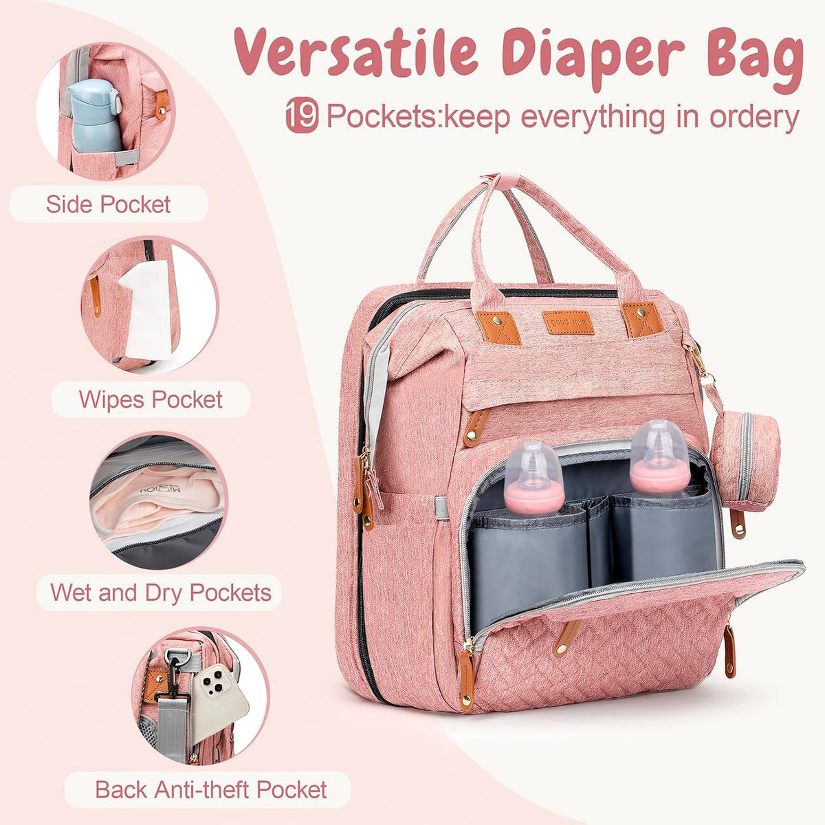 JOYCE Diaper Bag Backpack with Changing Station,Grey