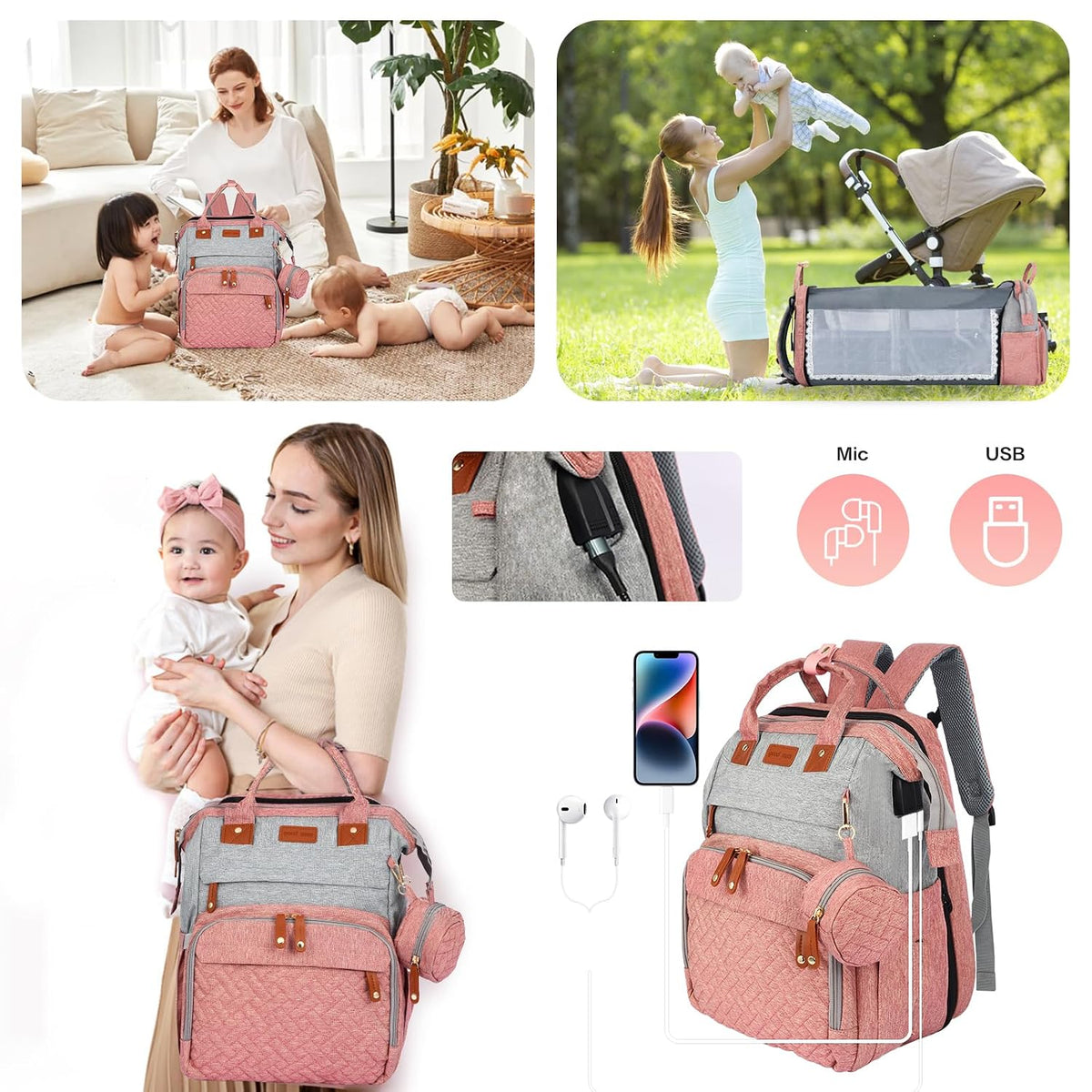 JOYCE Diaper Bag Backpack with Changing Station,Grey