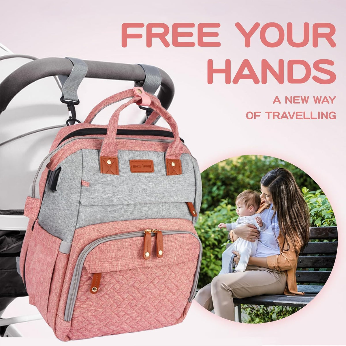 JOYCE Diaper Bag Backpack with Changing Station,Grey