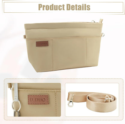 Bag Organizer Insert, Crossbody Bag, Tote Organizer Insert with Adjustable Bag Strap, Waterproof Nylon Purse Inserts (Beige, M)