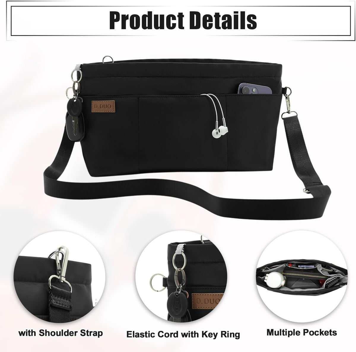 Bag Organizer Insert, Crossbody Bag, Tote Organizer Insert with Adjustable Bag Strap, Waterproof Nylon Purse Inserts (Beige, M)