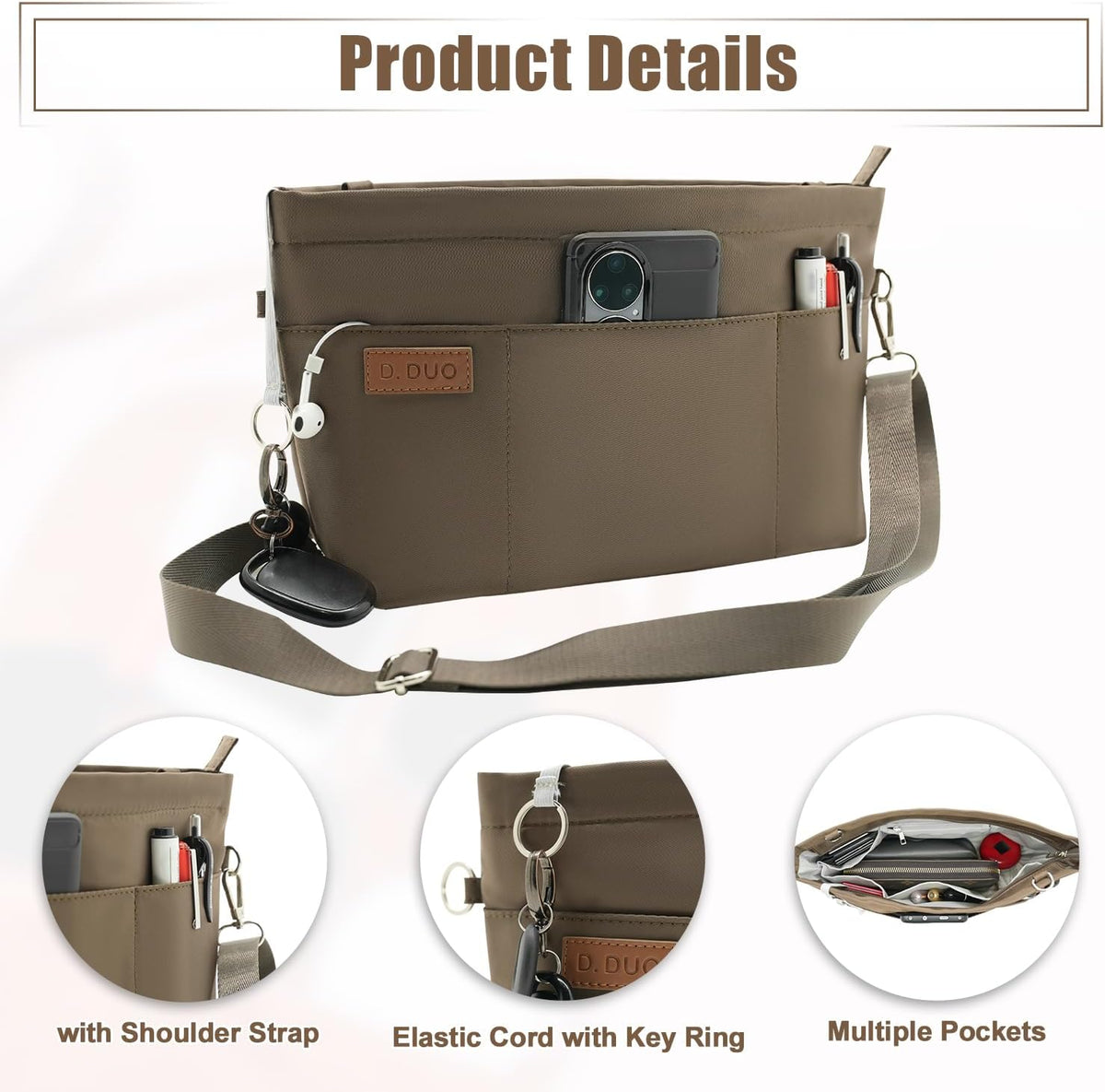 Bag Organizer Insert, Crossbody Bag, Tote Organizer Insert with Adjustable Bag Strap, Waterproof Nylon Purse Inserts (Beige, M)