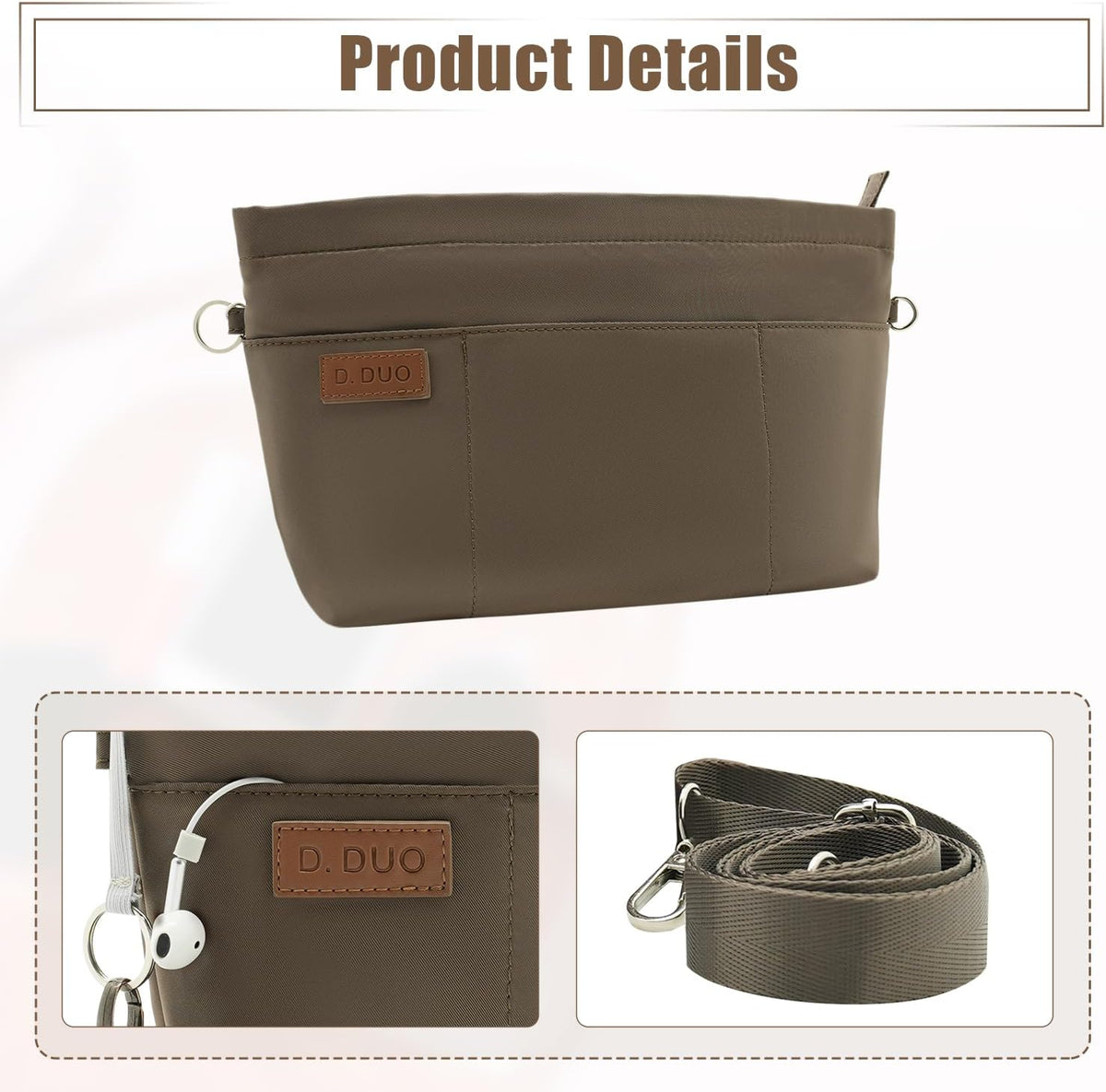 Bag Organizer Insert, Crossbody Bag, Tote Organizer Insert with Adjustable Bag Strap, Waterproof Nylon Purse Inserts (Beige, M)