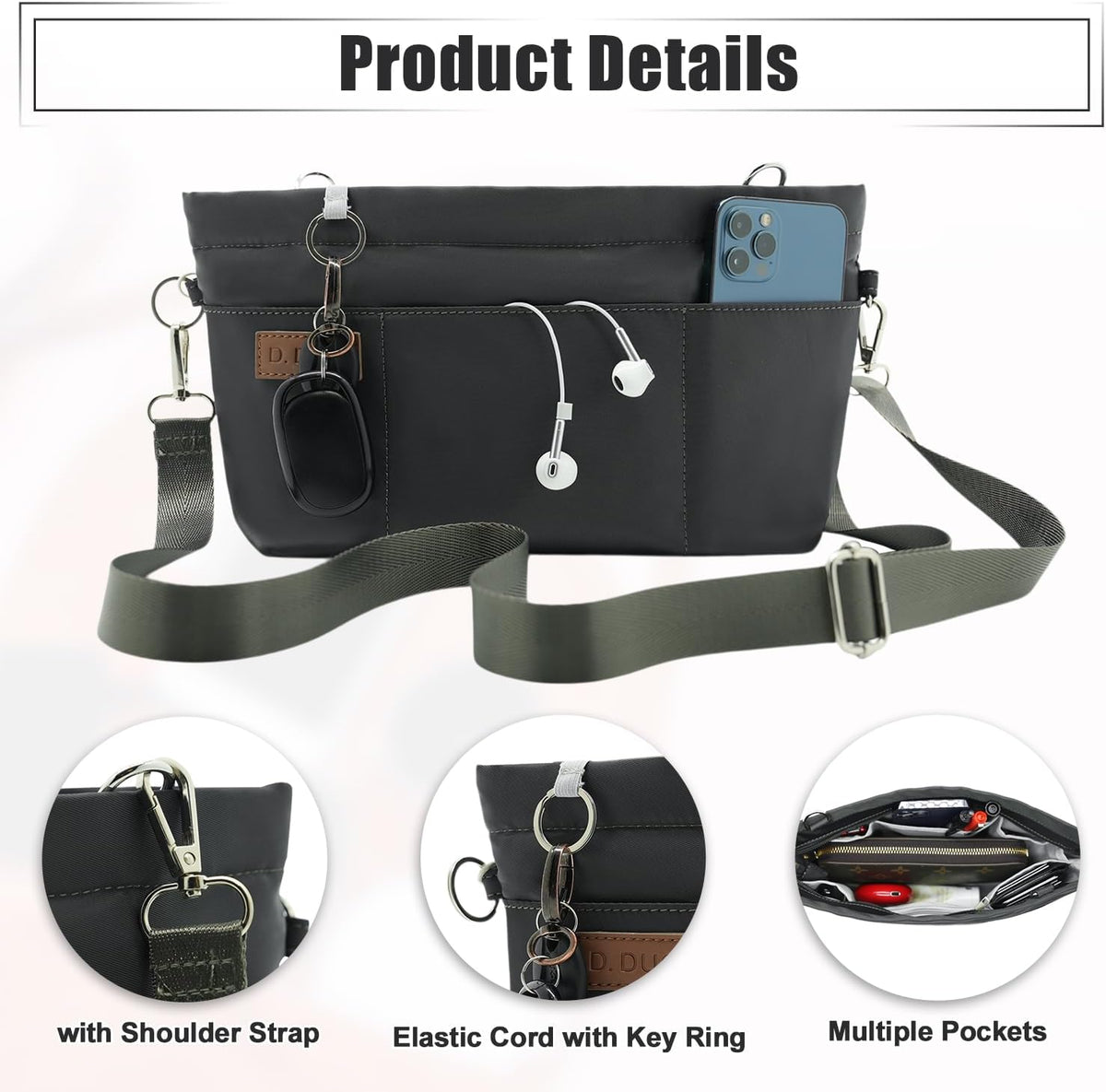 Bag Organizer Insert, Crossbody Bag, Tote Organizer Insert with Adjustable Bag Strap, Waterproof Nylon Purse Inserts (Beige, M)