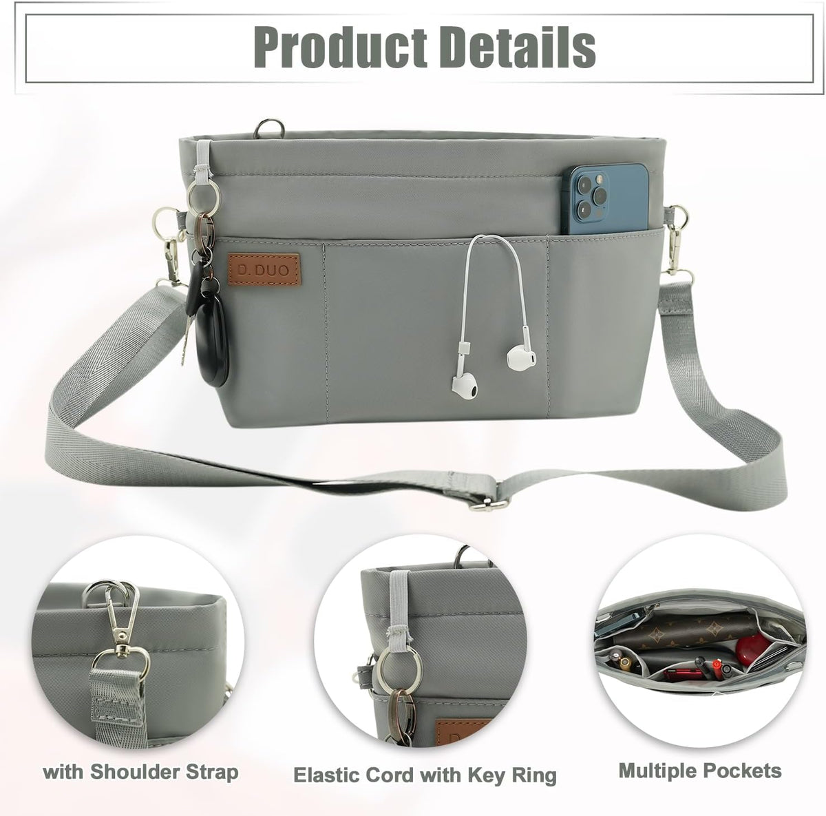 Bag Organizer Insert, Crossbody Bag, Tote Organizer Insert with Adjustable Bag Strap, Waterproof Nylon Purse Inserts (Beige, M)