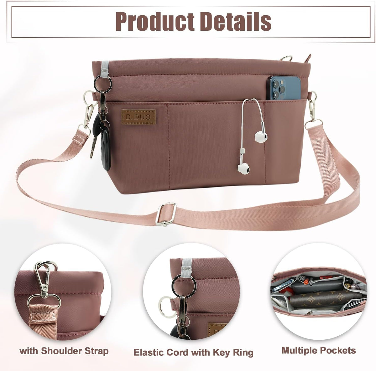 Bag Organizer Insert, Crossbody Bag, Tote Organizer Insert with Adjustable Bag Strap, Waterproof Nylon Purse Inserts (Beige, M)