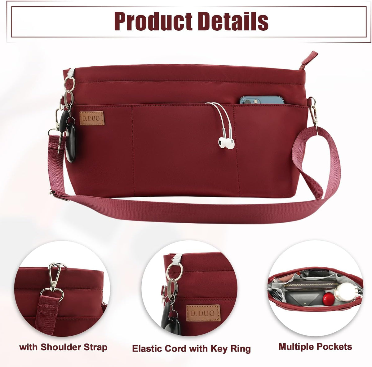 Bag Organizer Insert, Crossbody Bag, Tote Organizer Insert with Adjustable Bag Strap, Waterproof Nylon Purse Inserts (Beige, M)