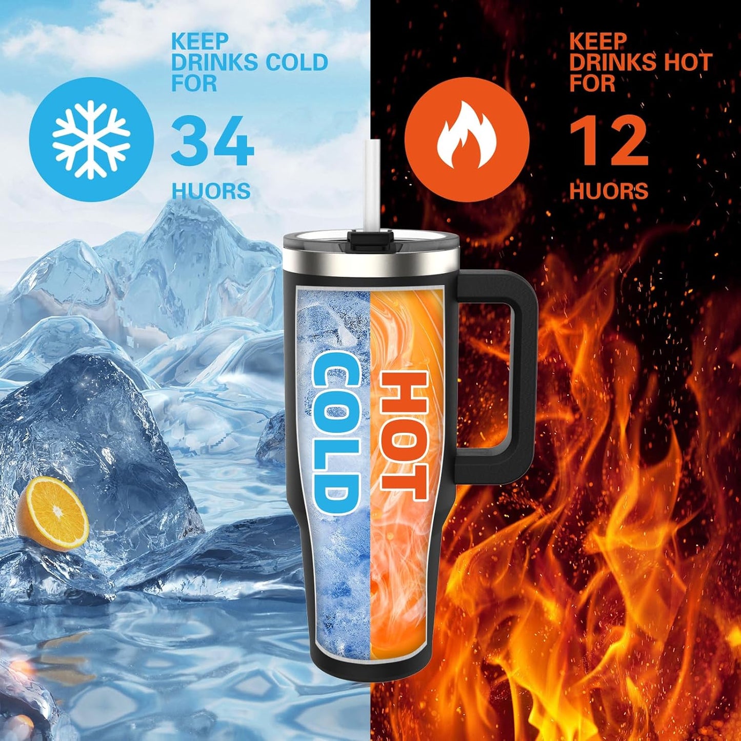 30 oz Tumbler with Handle,Tumbler with Lid and Straw,Double Wall Insulated Cup Stainless Steel Travel Mug(Cold for 34 Hours),Water Bottle for Iced Tea,Coffee,Cold Beverages(Black)