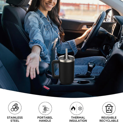 30 oz Tumbler with Handle,Tumbler with Lid and Straw,Double Wall Insulated Cup Stainless Steel Travel Mug(Cold for 34 Hours),Water Bottle for Iced Tea,Coffee,Cold Beverages(Black)