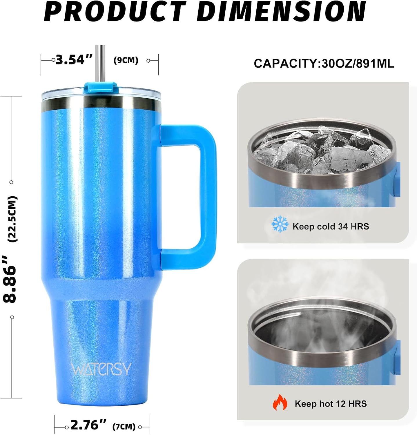 30 oz Tumbler with Handle,Tumbler with Lid and Straw,Double Wall Insulated Cup Stainless Steel Travel Mug(Cold for 34 Hours),Water Bottle for Iced Tea,Coffee,Cold Beverages(Black)