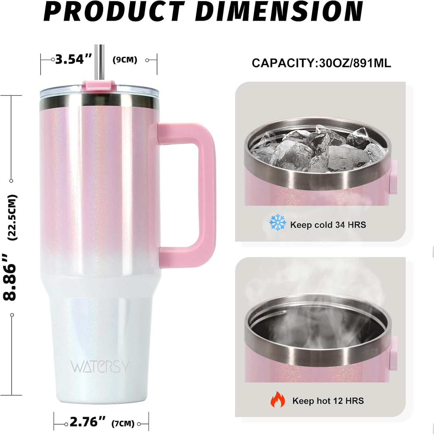 30 oz Tumbler with Handle,Tumbler with Lid and Straw,Double Wall Insulated Cup Stainless Steel Travel Mug(Cold for 34 Hours),Water Bottle for Iced Tea,Coffee,Cold Beverages(Black)