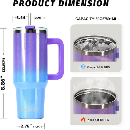 30 oz Tumbler with Handle,Tumbler with Lid and Straw,Double Wall Insulated Cup Stainless Steel Travel Mug(Cold for 34 Hours),Water Bottle for Iced Tea,Coffee,Cold Beverages(Black)