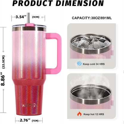 30 oz Tumbler with Handle,Tumbler with Lid and Straw,Double Wall Insulated Cup Stainless Steel Travel Mug(Cold for 34 Hours),Water Bottle for Iced Tea,Coffee,Cold Beverages(Black)