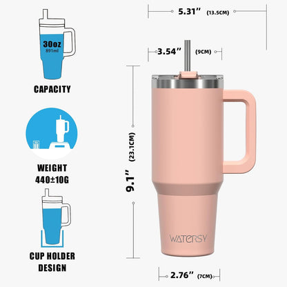 30 oz Tumbler with Handle,Tumbler with Lid and Straw,Double Wall Insulated Cup Stainless Steel Travel Mug(Cold for 34 Hours),Water Bottle for Iced Tea,Coffee,Cold Beverages(Black)
