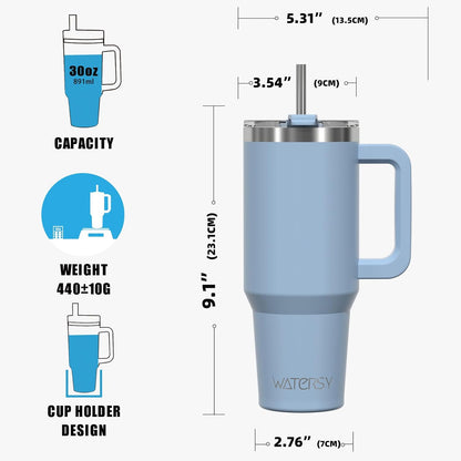 30 oz Tumbler with Handle,Tumbler with Lid and Straw,Double Wall Insulated Cup Stainless Steel Travel Mug(Cold for 34 Hours),Water Bottle for Iced Tea,Coffee,Cold Beverages(Black)