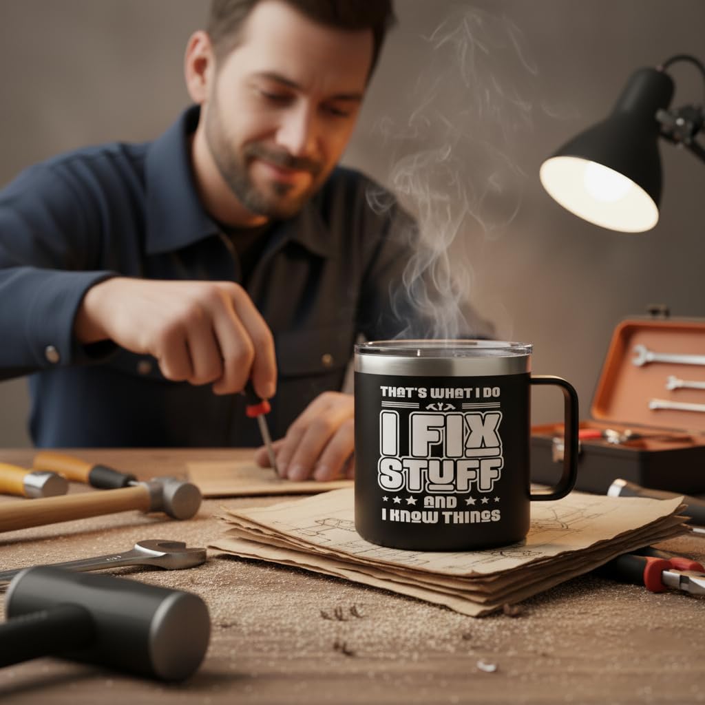 14oz Insulated Coffee Mug with Handle I Fix Stuff And I Know Things - Funny Stainless Steel Travel Tumbler - Gifts for Men, Dad, Mechanic, Handyman