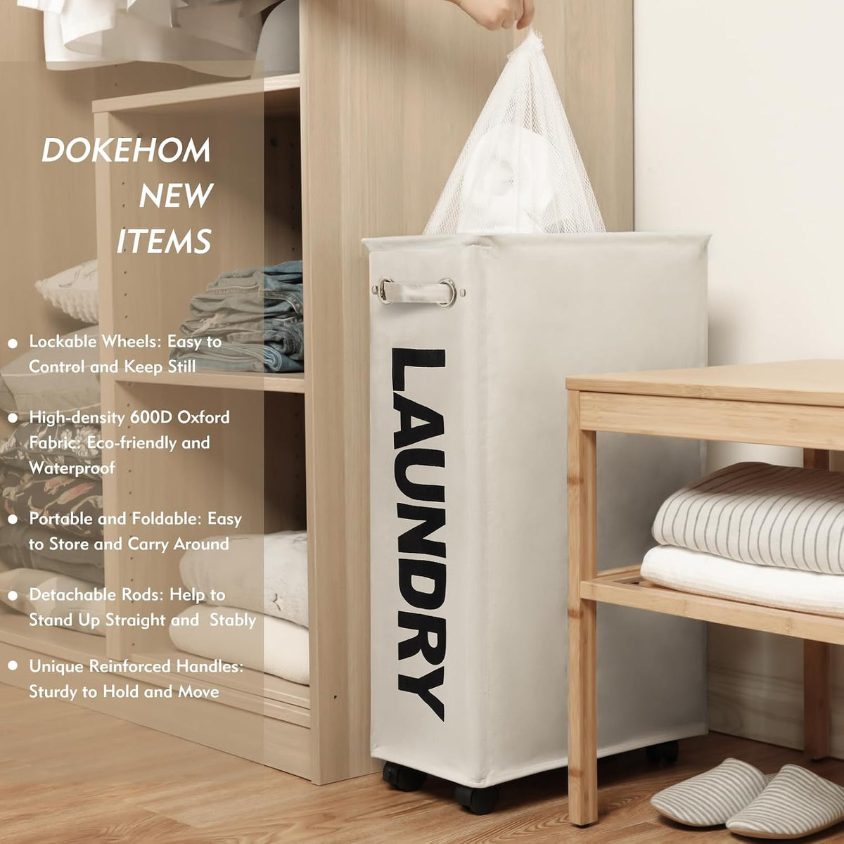 70L Enlarged Slim Rolling Laundry Basket Hamper on Wheels, Grey