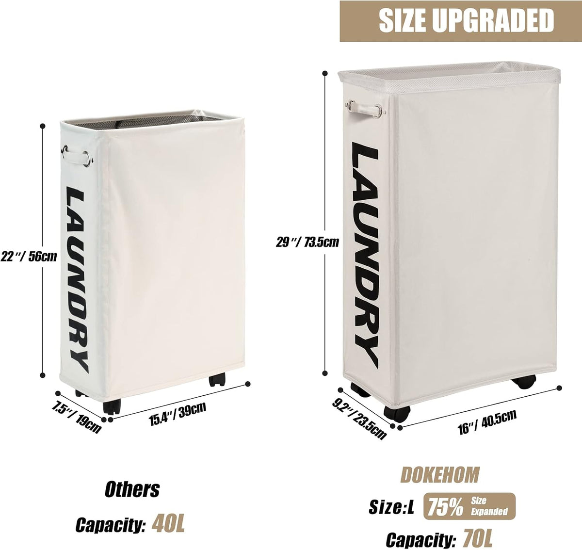 70L Enlarged Slim Rolling Laundry Basket Hamper on Wheels, Grey