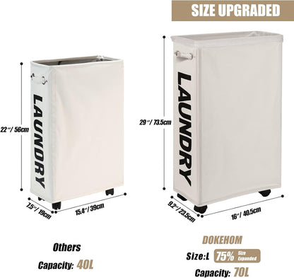 70L Enlarged Slim Rolling Laundry Basket Hamper on Wheels, Grey