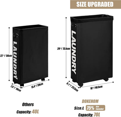 70L Enlarged Slim Rolling Laundry Basket Hamper on Wheels, Grey