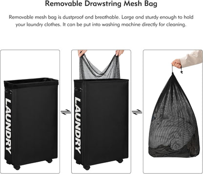 70L Enlarged Slim Rolling Laundry Basket Hamper on Wheels, Grey