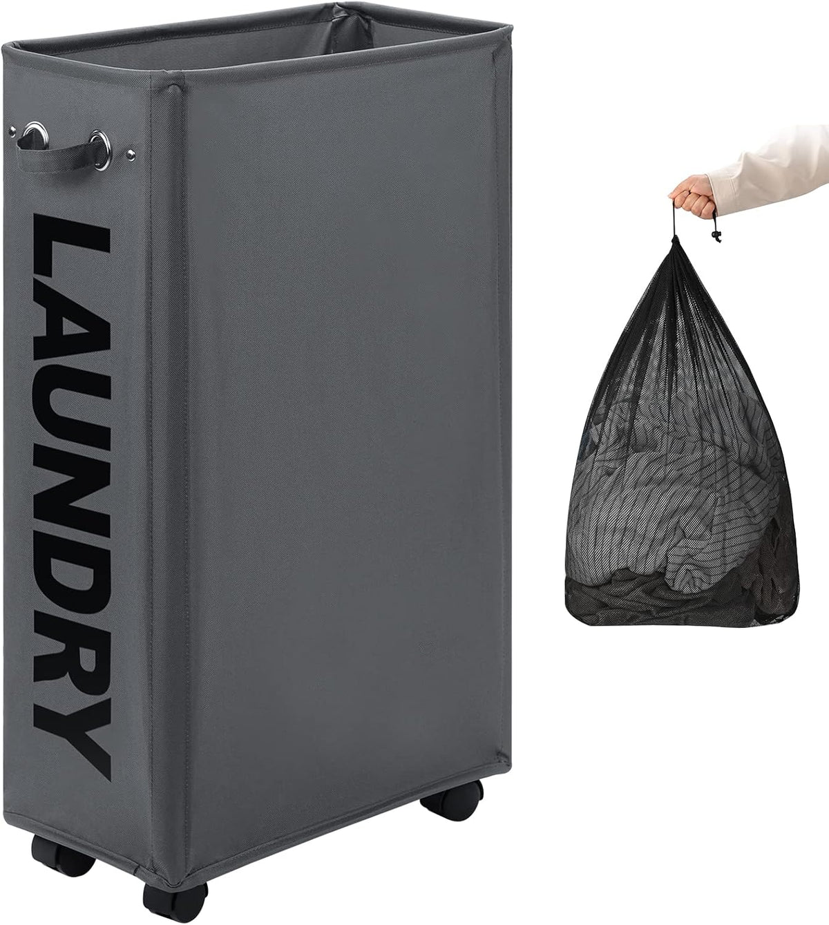 70L Enlarged Slim Rolling Laundry Basket Hamper on Wheels, Grey