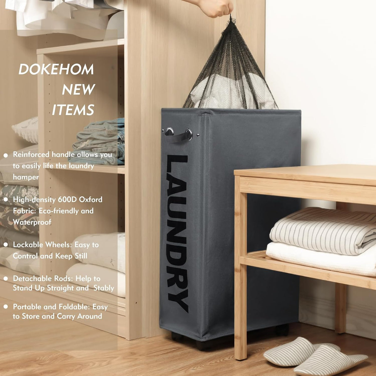 70L Enlarged Slim Rolling Laundry Basket Hamper on Wheels, Grey