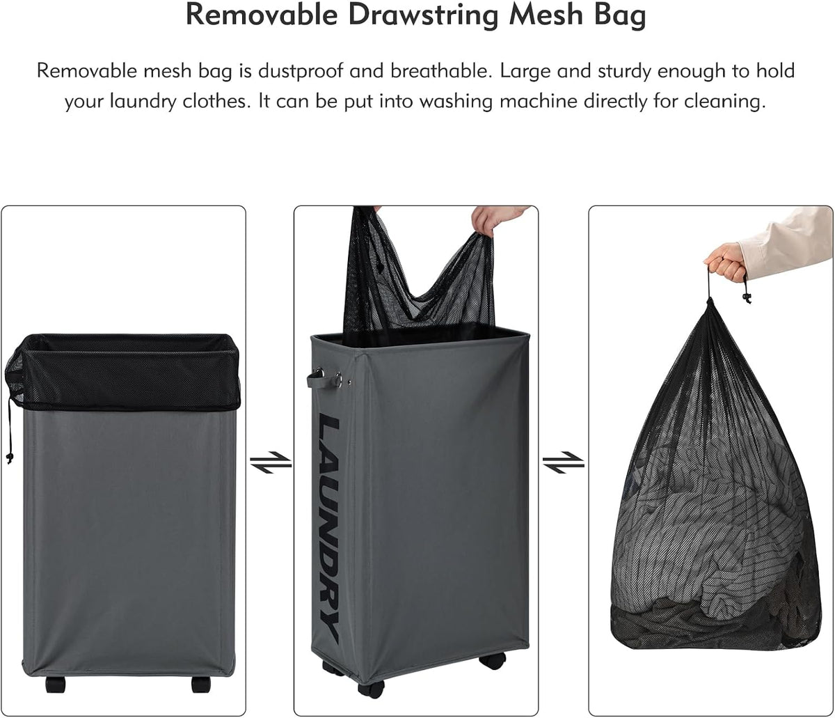 70L Enlarged Slim Rolling Laundry Basket Hamper on Wheels, Grey
