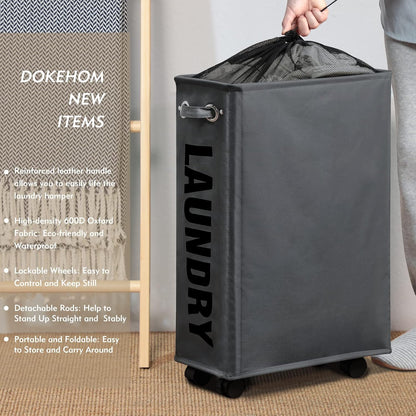 70L Enlarged Slim Rolling Laundry Basket Hamper on Wheels, Grey