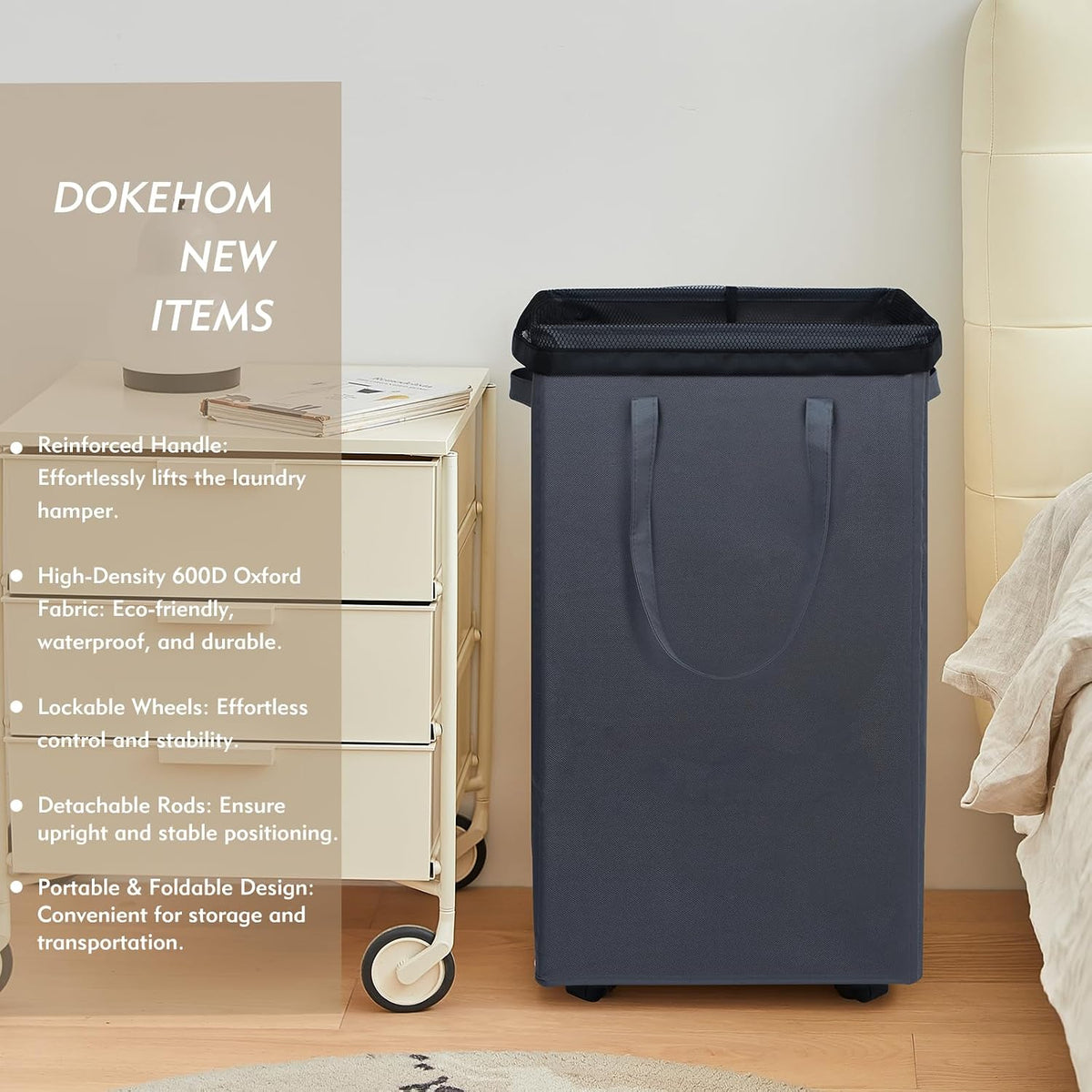 70L Enlarged Slim Rolling Laundry Basket Hamper on Wheels, Grey