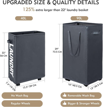 70L Enlarged Slim Rolling Laundry Basket Hamper on Wheels, Grey
