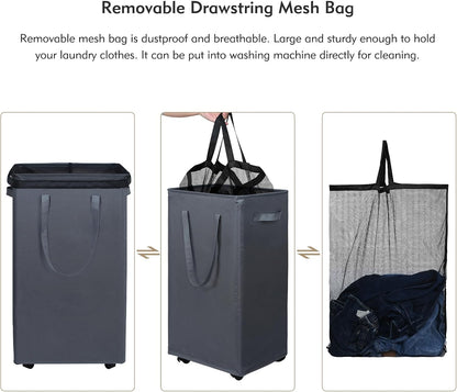 70L Enlarged Slim Rolling Laundry Basket Hamper on Wheels, Grey