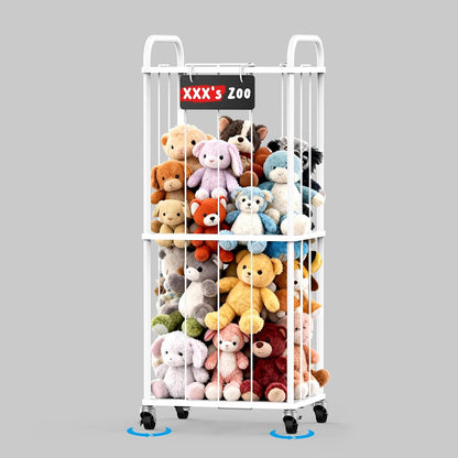 Stuffed Animal Storage Zoo Tower, 59" Metal Large Toy Organizer with Elastic Bands & Wheels, Standing Plushies Holder Cage for Kids Playroom Nursery, Space-Saving Stuffy Display Rack, 3-Tier