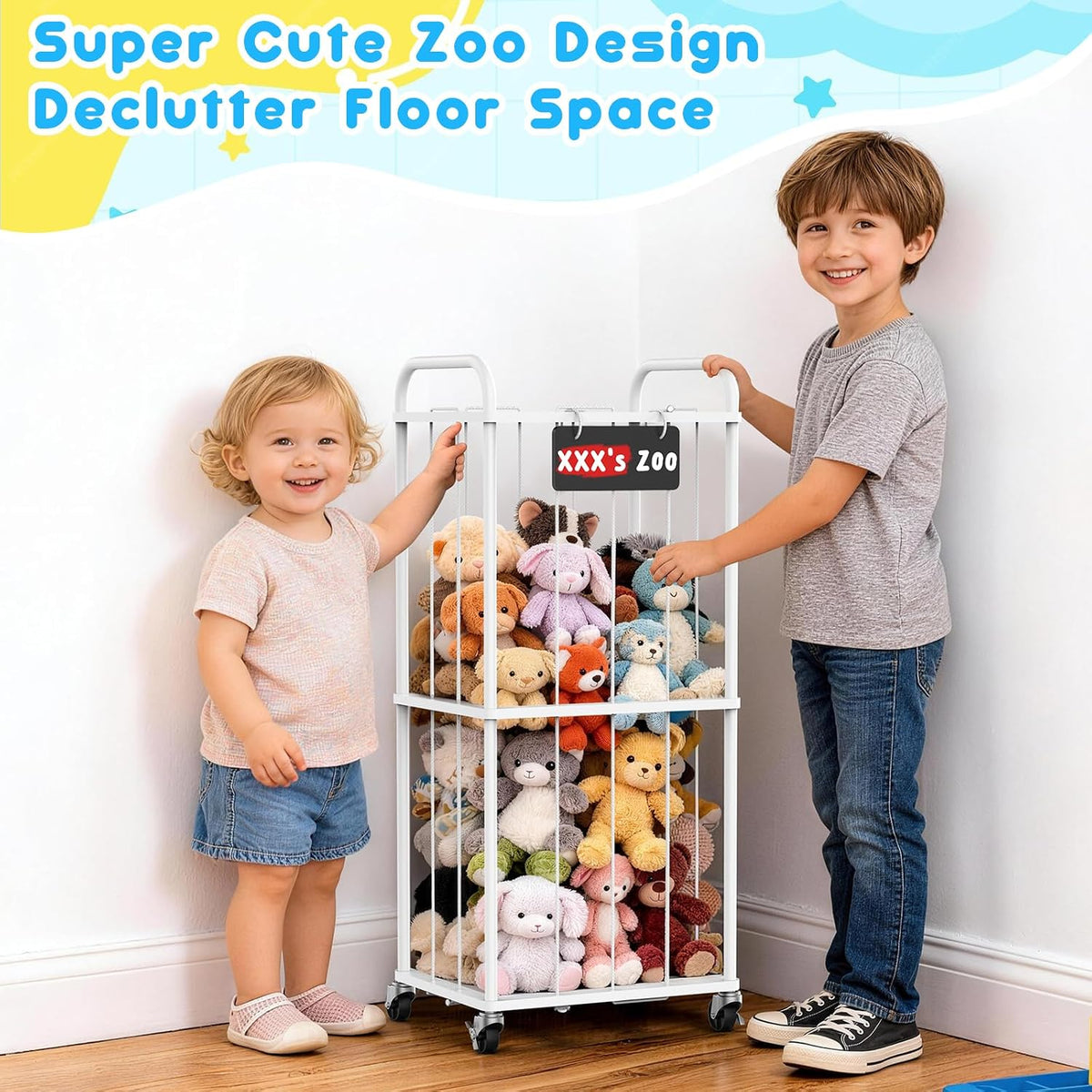 Stuffed Animal Storage Zoo Tower, 59" Metal Large Toy Organizer with Elastic Bands & Wheels, Standing Plushies Holder Cage for Kids Playroom Nursery, Space-Saving Stuffy Display Rack, 3-Tier