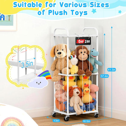 Stuffed Animal Storage Zoo Tower, 59" Metal Large Toy Organizer with Elastic Bands & Wheels, Standing Plushies Holder Cage for Kids Playroom Nursery, Space-Saving Stuffy Display Rack, 3-Tier