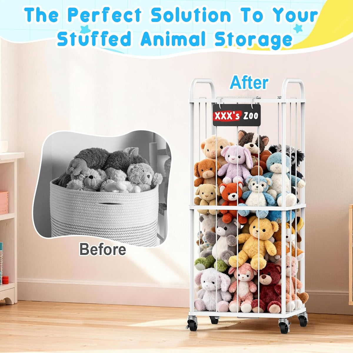 Stuffed Animal Storage Zoo Tower, 59" Metal Large Toy Organizer with Elastic Bands & Wheels, Standing Plushies Holder Cage for Kids Playroom Nursery, Space-Saving Stuffy Display Rack, 3-Tier