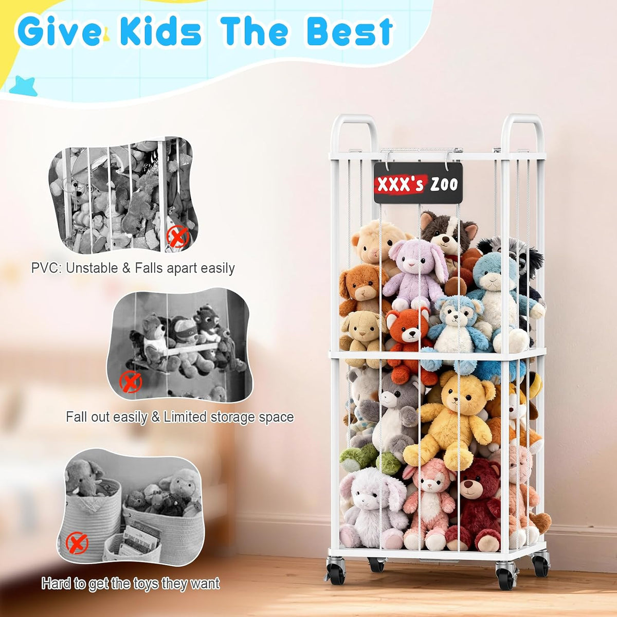 Stuffed Animal Storage Zoo Tower, 59" Metal Large Toy Organizer with Elastic Bands & Wheels, Standing Plushies Holder Cage for Kids Playroom Nursery, Space-Saving Stuffy Display Rack, 3-Tier