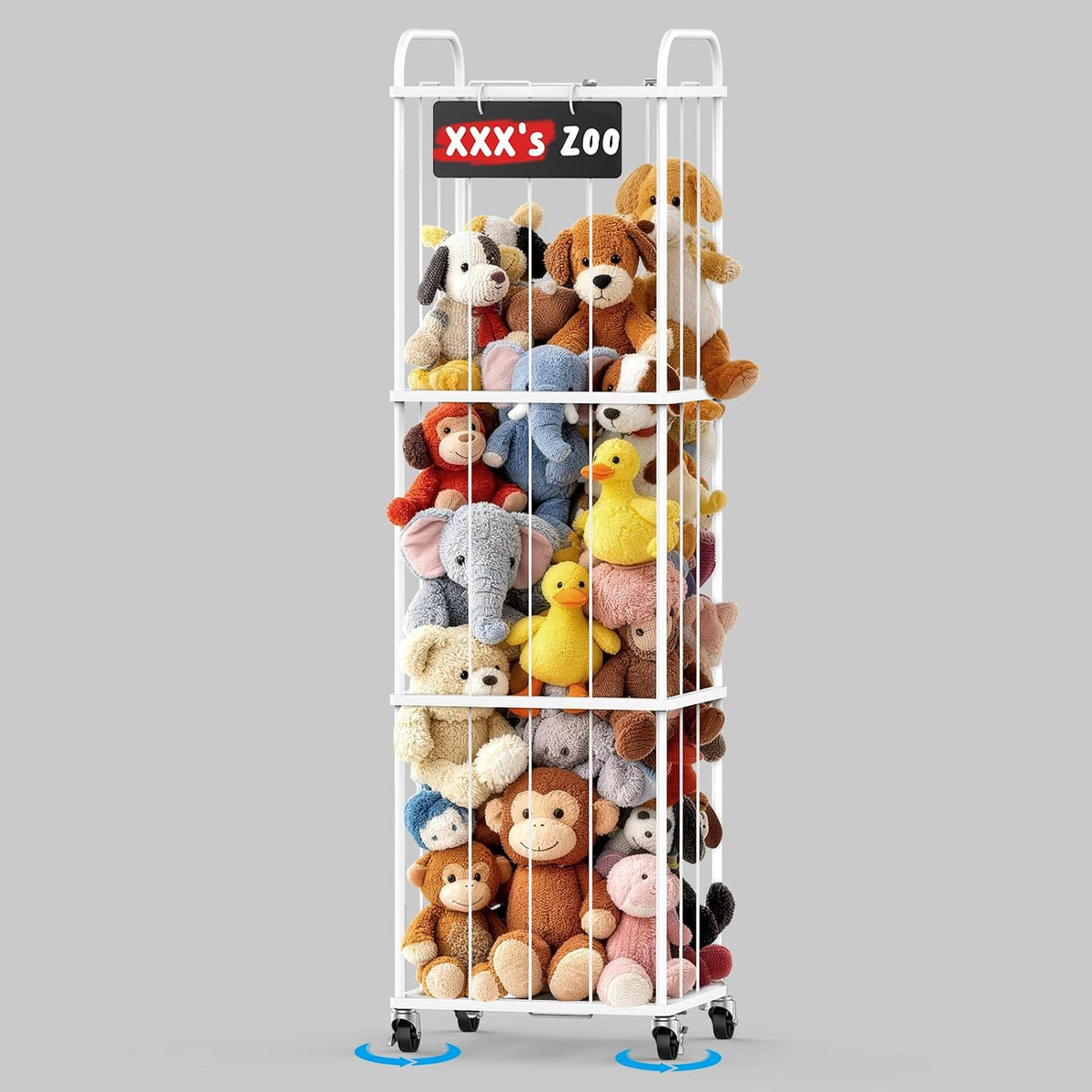Stuffed Animal Storage Zoo Tower, 59" Metal Large Toy Organizer with Elastic Bands & Wheels, Standing Plushies Holder Cage for Kids Playroom Nursery, Space-Saving Stuffy Display Rack, 3-Tier