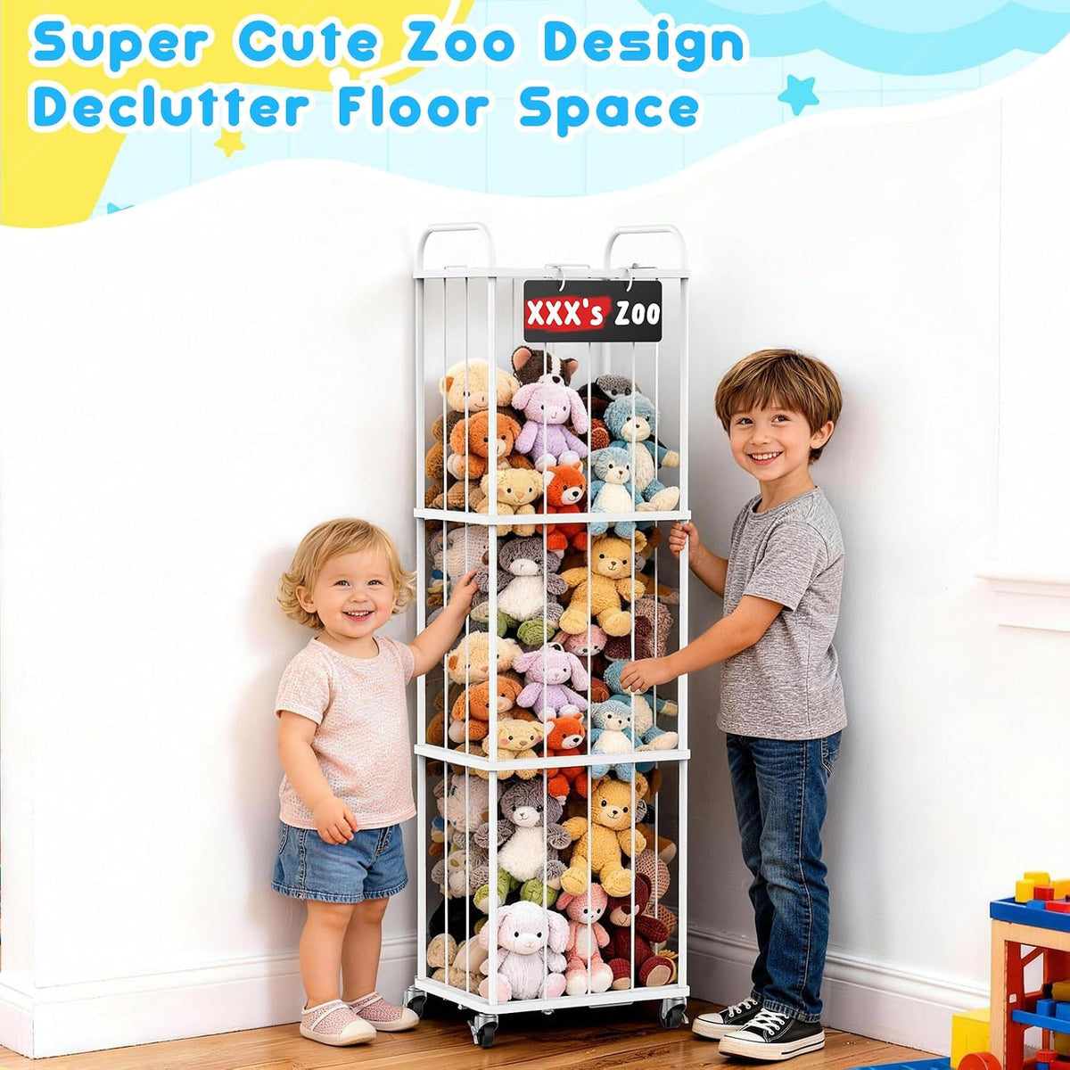 Stuffed Animal Storage Zoo Tower, 59" Metal Large Toy Organizer with Elastic Bands & Wheels, Standing Plushies Holder Cage for Kids Playroom Nursery, Space-Saving Stuffy Display Rack, 3-Tier